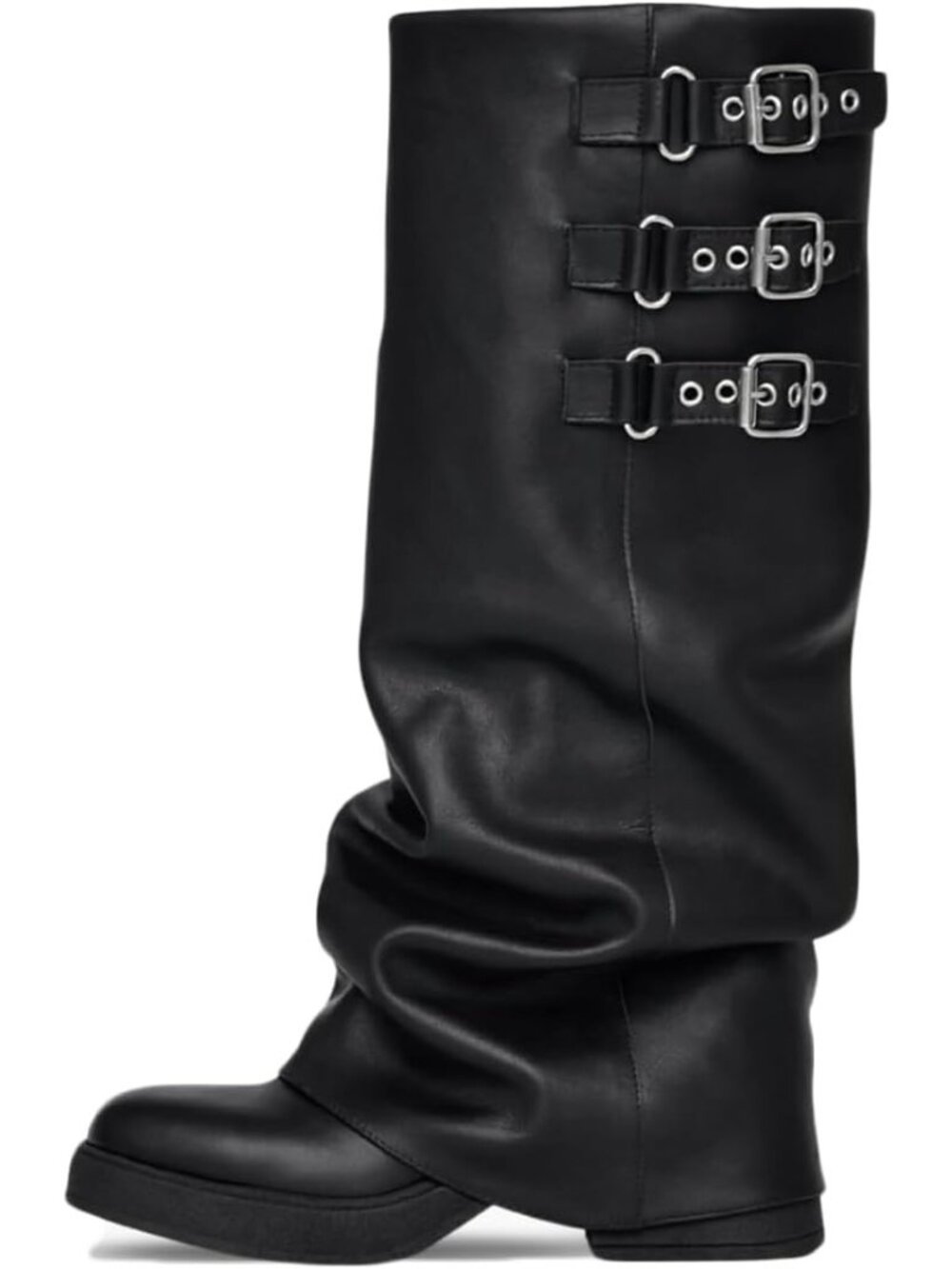 Women's Black Knee High Boots Platform Square Toe Slouchy Fold Over Tall Boots